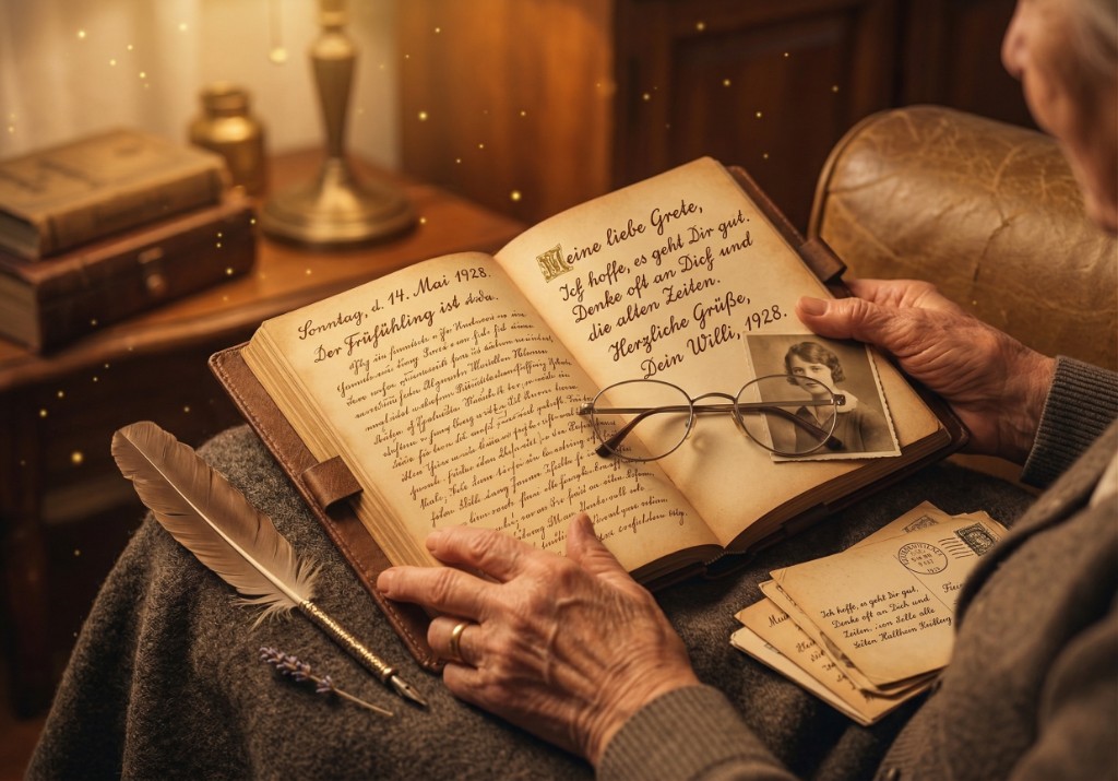 Ältere Person blättert in einem Familien-Tagebuch mit Sütterlin-Handschrift